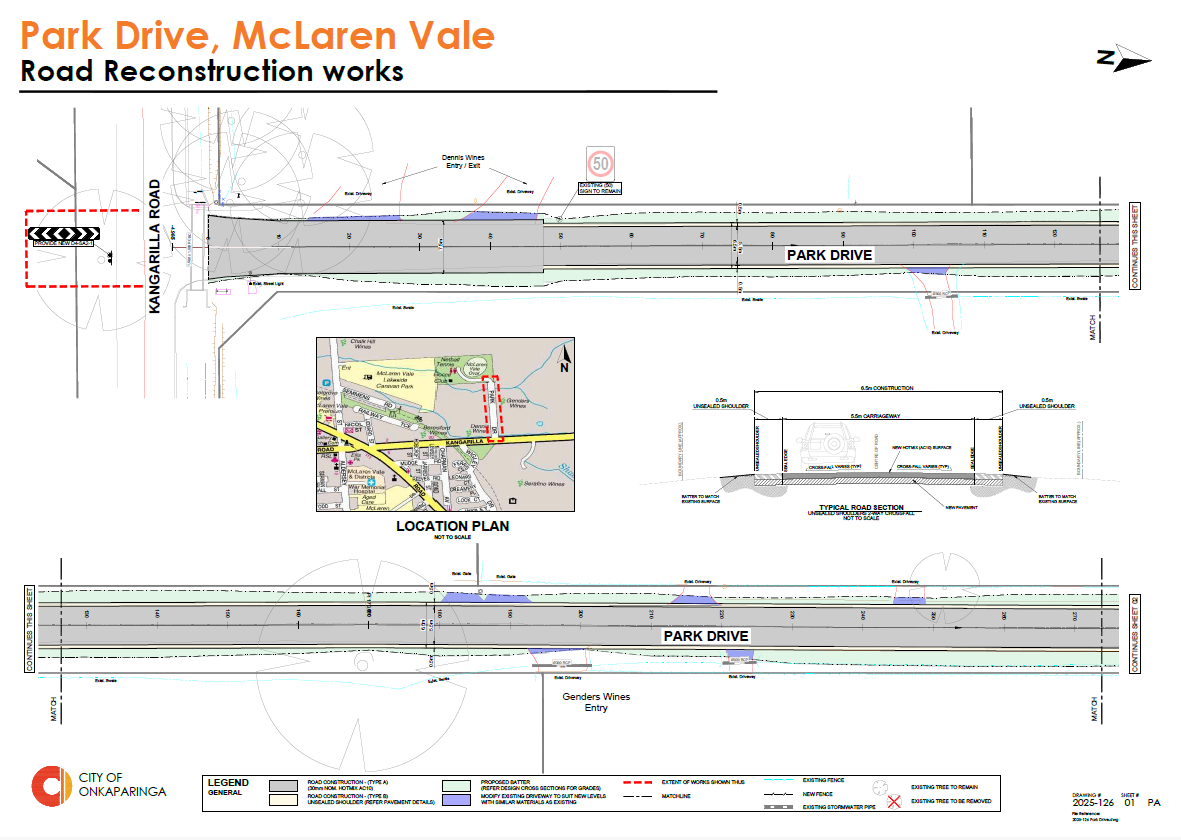 Plan showing the western section of the Park Drive reconstruction project, from Kangarilla Road to Pedler Creek, with a location map and cross-section view.