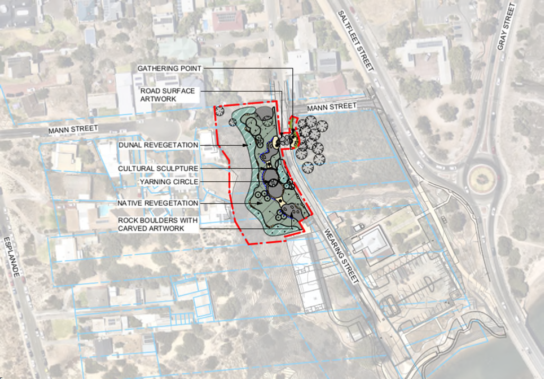 Location map showing the Wearing Street Cultural Node at Port Noarlunga, beside the coastal dunes near the Mann Street–Wearing Street corner.