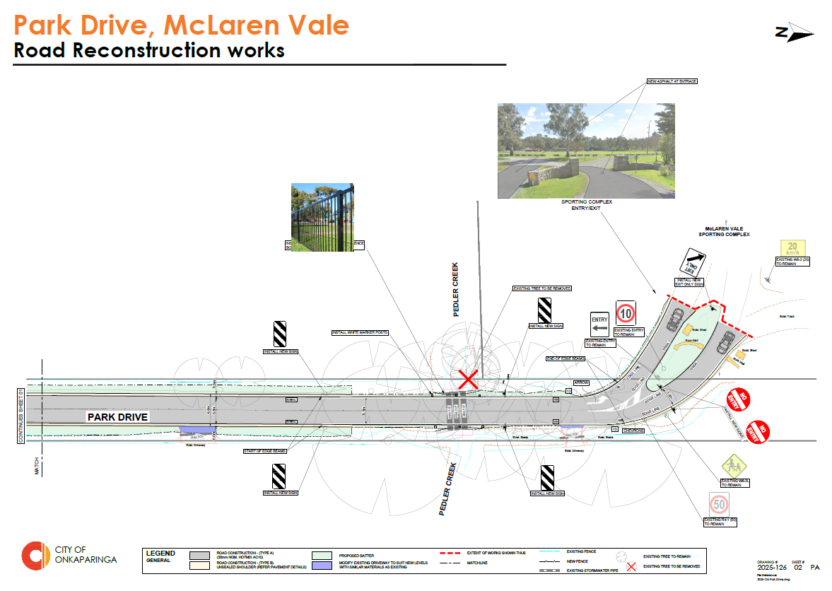 Detailed plan showing proposed road reconstruction works at Park Drive McLaren Vale, including upgrades near the McLaren Vale Sporting Complex and Pedler Creek crossing.