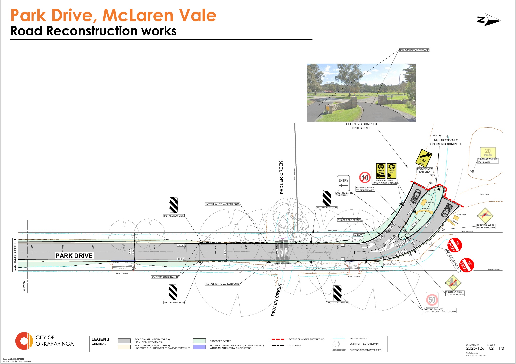 Detailed plan showing proposed road reconstruction works at Park Drive McLaren Vale, including upgrades near the McLaren Vale Sporting Complex and Pedler Creek crossing.