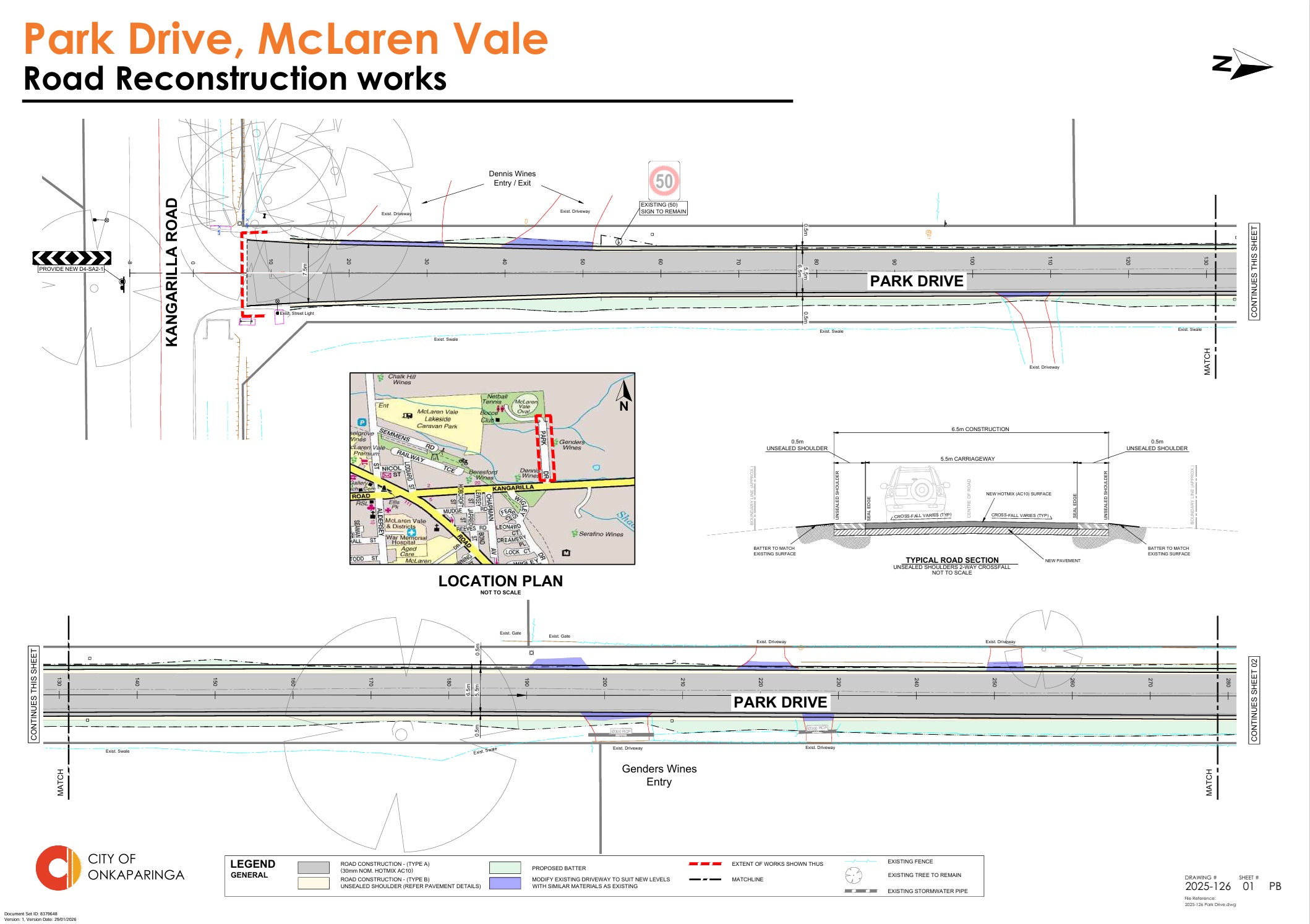 Plan showing the western section of the Park Drive reconstruction project, from Kangarilla Road to Pedler Creek, with a location map and cross-section view. 