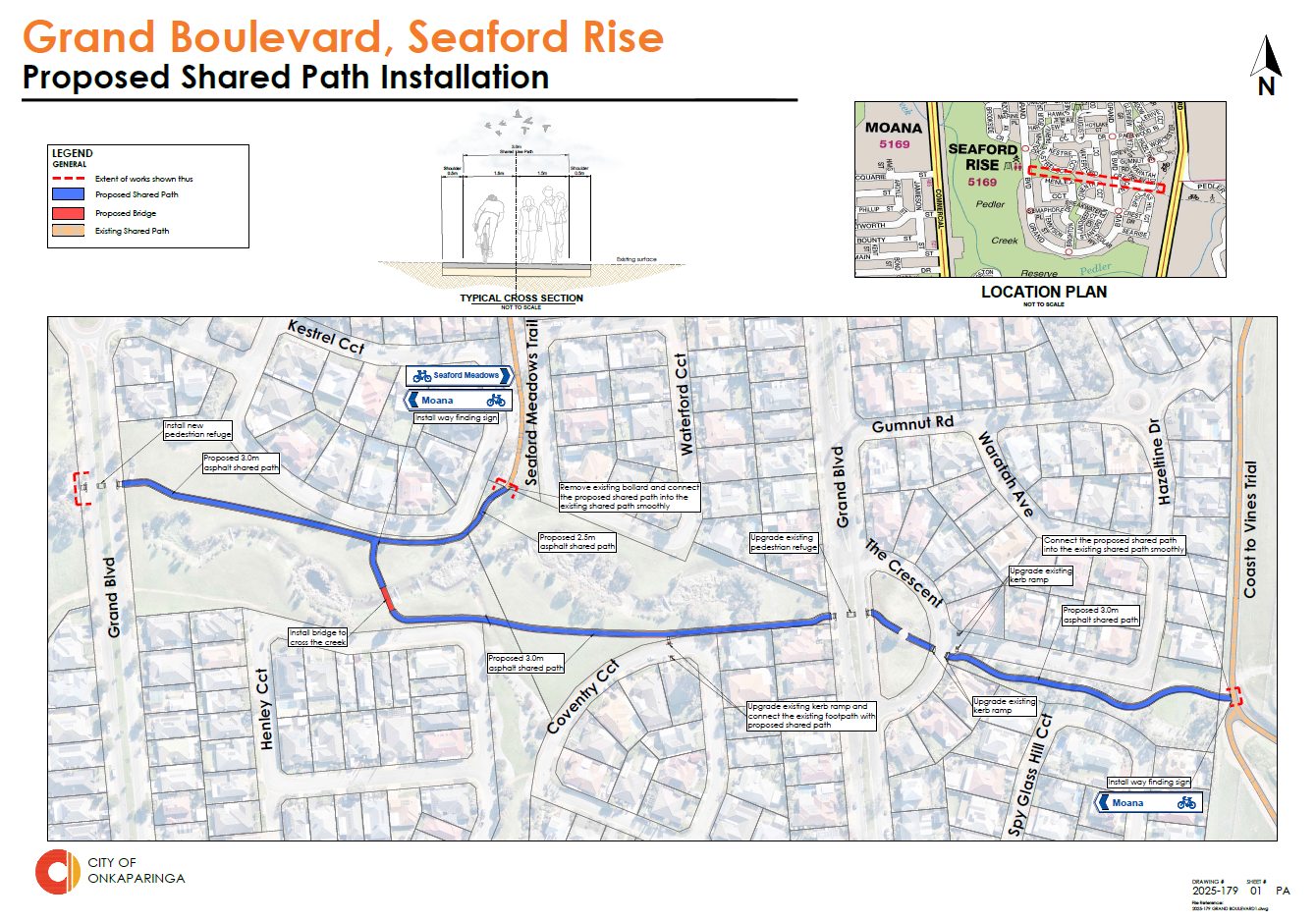 Concept plan of the reserve in Seaford Rise showing the proposed new 3m shared-use path (blue), existing trails, a new pedestrian bridge (red), and connection points to nearby streets and trails.