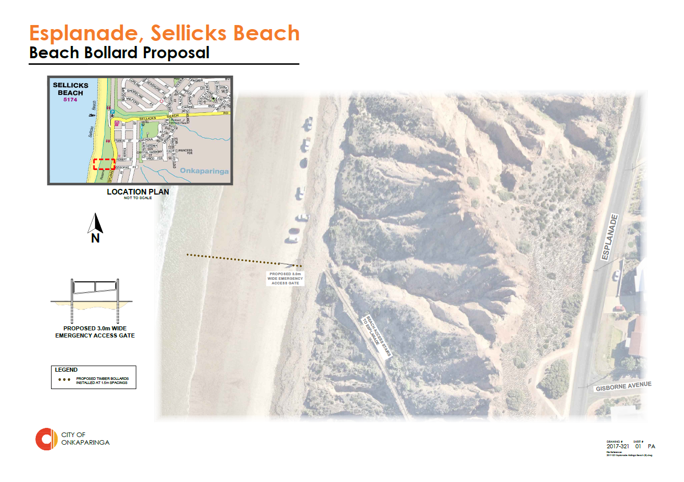 Plan showing the location of the proposed bollards at the south end of Sellicks Beach.
