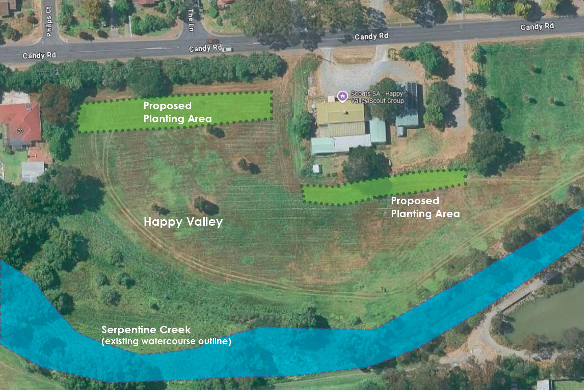 Aerial map showing two proposed planting areas in Happy Valley near Candy Road and the Happy Valley Scout Group, with Serpentine Creek flowing along the bottom edge of the image.