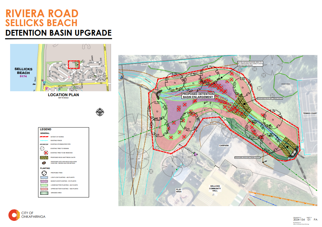 Concept plan showing proposed upgrades to the Riviera Road stormwater detention basin in Sellicks Beach. Key features include basin enlargement, rock mattress chutes for water flow control, low mounding with hydroseeding, removal of one tree, landscaping