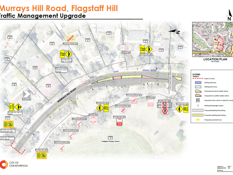 Concept plan – Murrays Hill Road (west side near school): Concept plan showing traffic management upgrades near Craigburn Primary School, including new signage, median islands, a raised road cushion, and changed road markings.