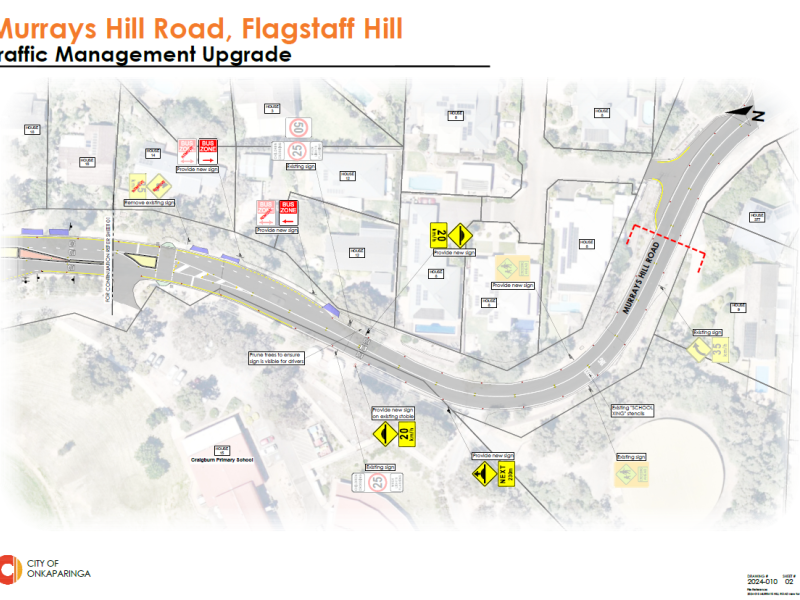Concept plan showing continued traffic management upgrades further east along Murrays Hill Road, including new signage, lane adjustments, median islands, and improved visibility near the school.